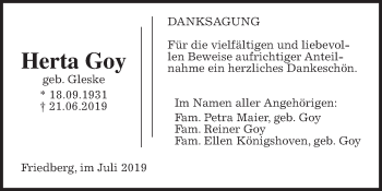 Traueranzeige von Herta Goy von Wetterauer Zeitung