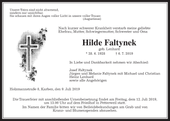 Traueranzeige von Hilde Faltynek von Wetterauer Zeitung