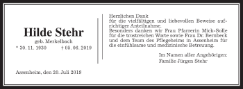 Traueranzeige von Hilde Stehr von Wetterauer Zeitung