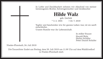 Traueranzeige von Hilde Walz von Wetterauer Zeitung