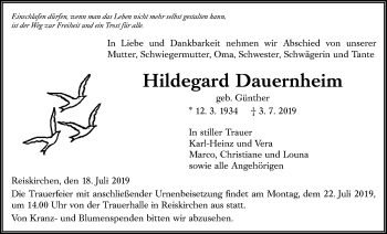 Traueranzeige von Hildegard Dauernheim von Giessener Allgemeine, Alsfelder Allgemeine