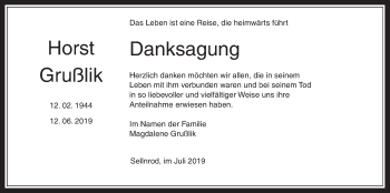 Traueranzeige von Horst Grußlik von Mücker Stimme
