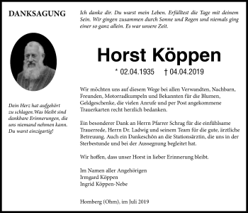 Traueranzeige von Horst Köppen von Alsfelder Allgemeine