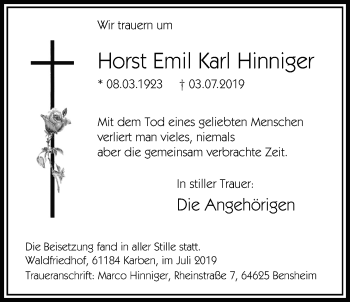 Traueranzeige von Horst Emil Karl Hinniger von Bad Vilbel/Karben