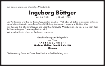 Traueranzeige von Ingeborg Böttger von Giessener Allgemeine, Alsfelder Allgemeine