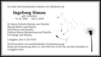 Traueranzeige von Ingeborg Simon von Giessener Allgemeine, Alsfelder Allgemeine
