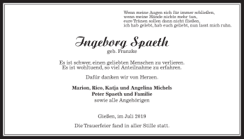 Traueranzeige von Ingeborg Spaeth von Giessener Allgemeine, Alsfelder Allgemeine