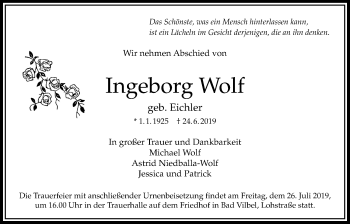 Traueranzeige von Ingeborg Wolf von Bad Vilbel/Karben