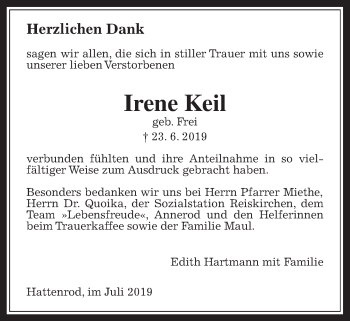 Traueranzeige von Irene Keil von Giessener Allgemeine, Alsfelder Allgemeine