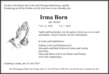 Traueranzeige von Irma Born von Giessener Allgemeine, Alsfelder Allgemeine