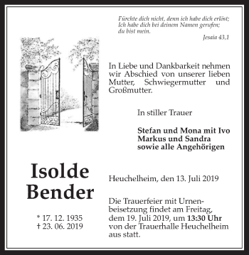 Traueranzeige von Isolde Bender von Giessener Allgemeine, Alsfelder Allgemeine