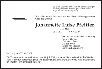 Traueranzeige von Johannette Luise Pfeiffer von Giessener Allgemeine, Alsfelder Allgemeine