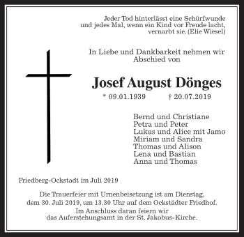 Traueranzeige von Josef August Dönges von Wetterauer Zeitung