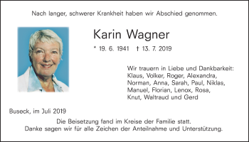 Traueranzeige von Karin Wagner von Giessener Allgemeine, Alsfelder Allgemeine