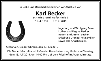 Traueranzeige von Karl Becker von Alsfelder Allgemeine
