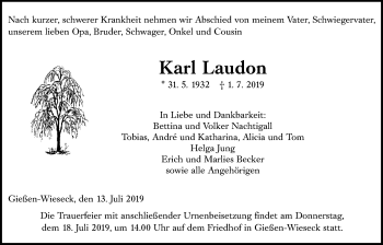 Traueranzeige von Karl Laudon von Giessener Allgemeine, Alsfelder Allgemeine