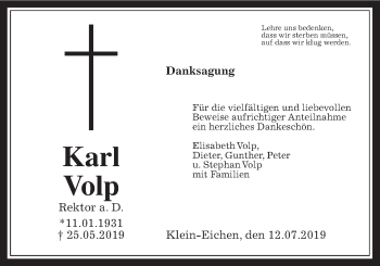 Traueranzeige von Karl Volp von Giessener Allgemeine, Alsfelder Allgemeine