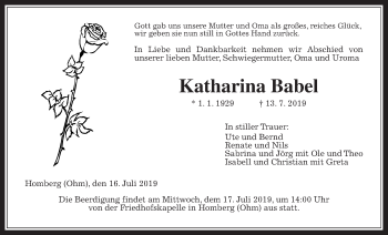 Traueranzeige von Katharina Babel von Alsfelder Allgemeine