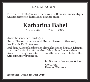Traueranzeige von Katharina Babel von Alsfelder Allgemeine