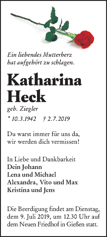 Traueranzeige von Katharina Heck von Giessener Allgemeine, Alsfelder Allgemeine