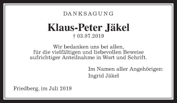 Traueranzeige von Klaus-Peter Jäkel von Wetterauer Zeitung
