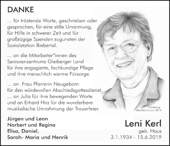 Traueranzeige von Leni Kerl von Giessener Allgemeine, Alsfelder Allgemeine