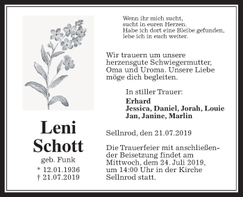Traueranzeige von Leni Schott von Giessener Allgemeine, Alsfelder Allgemeine