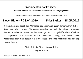 Traueranzeige von Liesel Bieker von Giessener Allgemeine, Alsfelder Allgemeine