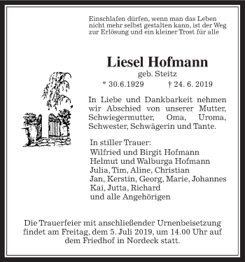 Traueranzeige von Liesel Hofmann von Allendorfer Mitteilungen