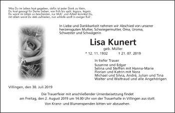 Traueranzeige von Lisa Kunert von Giessener Allgemeine, Alsfelder Allgemeine