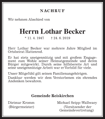 Traueranzeige von Lothar Becker von Reiskirchener Anzeiger