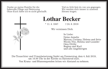 Traueranzeige von Lothar Becker von Giessener Allgemeine, Alsfelder Allgemeine