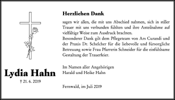 Traueranzeige von Lydia Hahn von Giessener Allgemeine, Alsfelder Allgemeine