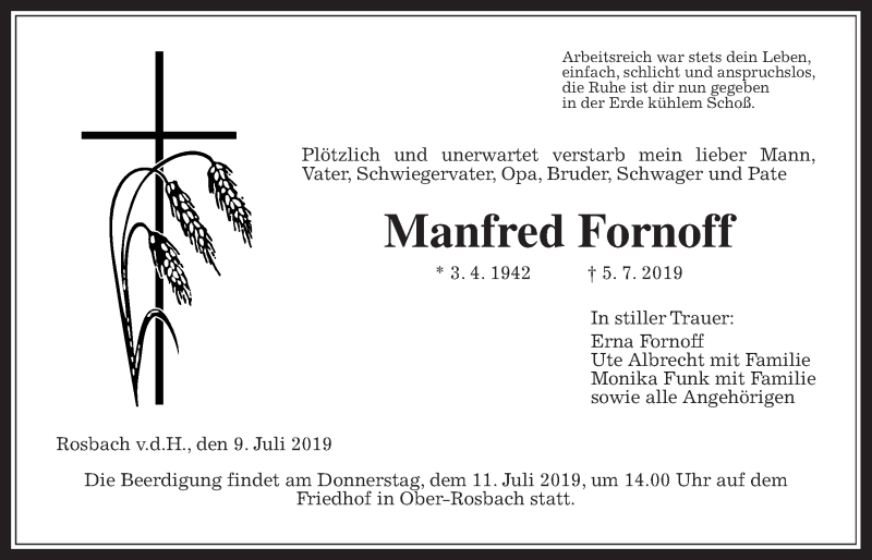  Traueranzeige für Manfred Fornoff vom 09.07.2019 aus Wetterauer Zeitung