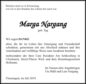 Traueranzeige von Marga Nargang von Alsfelder Allgemeine