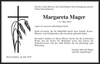 Traueranzeige von Margareta Mager von Wetterauer Zeitung