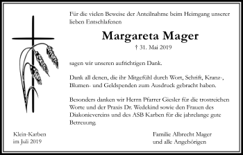 Traueranzeige von Margareta Mager von Bad Vilbel/Karben