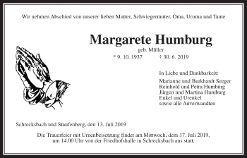 Traueranzeige von Margarete Humburg von Giessener Allgemeine, Alsfelder Allgemeine