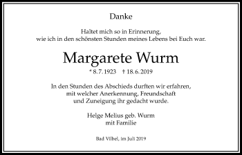 Traueranzeige von Margarete Wurm von Bad Vilbel/Karben