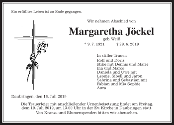 Traueranzeige von Margaretha Jöckel von Giessener Allgemeine, Alsfelder Allgemeine
