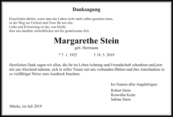 Traueranzeige von Margarethe Stein von Alsfelder Allgemeine