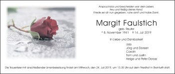 Traueranzeige von Margit Faulstich von Wetterauer Zeitung