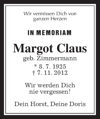 Traueranzeige von Margot Claus von Wetterauer Zeitung