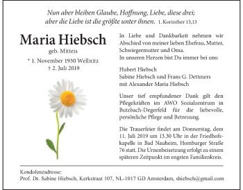 Traueranzeige von Maria Hiebsch von Wetterauer Zeitung