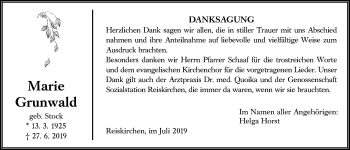 Traueranzeige von Marie Grunwald von Giessener Allgemeine, Alsfelder Allgemeine