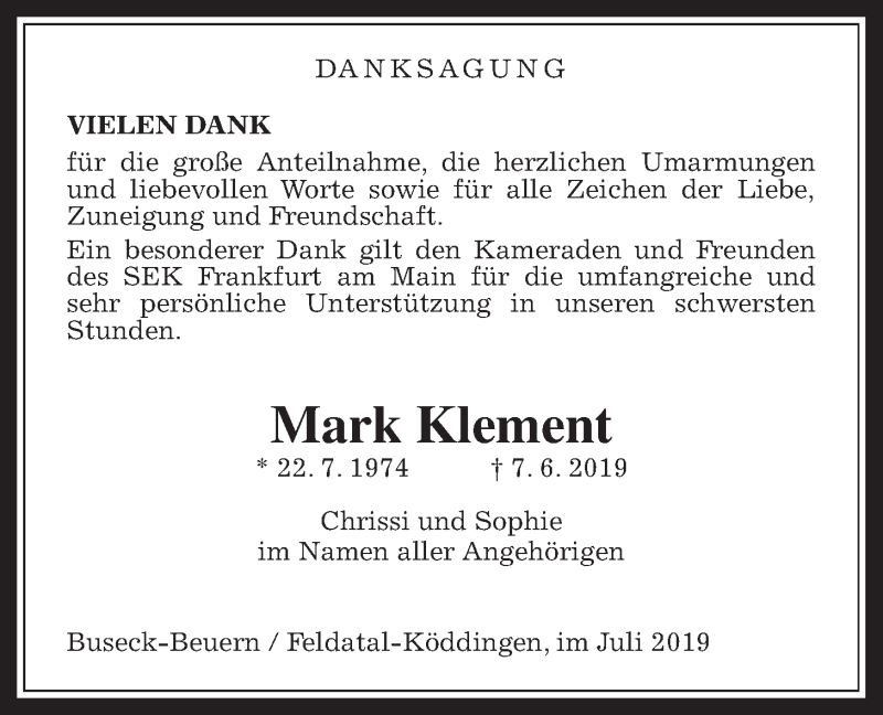  Traueranzeige für Mark Klement vom 06.07.2019 aus Giessener Allgemeine, Alsfelder Allgemeine