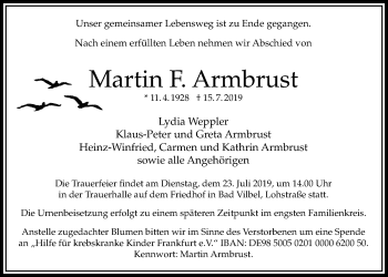Traueranzeige von Martin F. Armbrust von Bad Vilbel/Karben