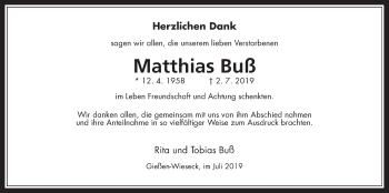 Traueranzeige von Matthias Buß von Giessener Allgemeine, Alsfelder Allgemeine