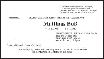 Traueranzeige von Matthias Buß von Giessener Allgemeine, Alsfelder Allgemeine