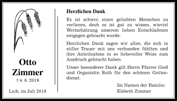 Traueranzeige von Otto Zimmer von Licher Wochenblatt